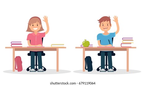 School children in classroom sitting at their desks and learning. Elementary school pupil raising hand. Vector illustration.