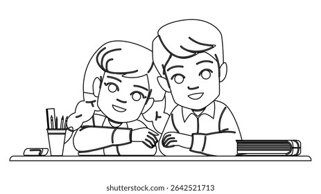 crianças da escola em um vetor da sala de aula. estudante infantil, estudo da educação, crianças da escola da escrivaninha em um personagem da sala de aula. ilustração do desenho do lápis da linha preta das pessoas