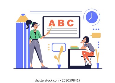 School children concept in modern flat cartoon design for web. Teenage student listening teacher and sitting in classroom art lesson, learning alphabet and other, doing homework. Vector illustration.