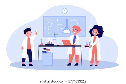 School children conducting chemical experiment in lab at chemistry class. Happy kids fond of science. Vector illustration for education, chemistry learning, school lab concept