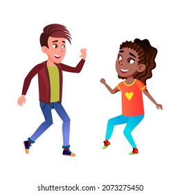 School Children Couple Dancing Energy Dance Vector. Happy Caucasian Schoolboy Dancing Disco With African Schoolgirl. Characters Friends Enjoying Active Motions Flat Cartoon Illustration