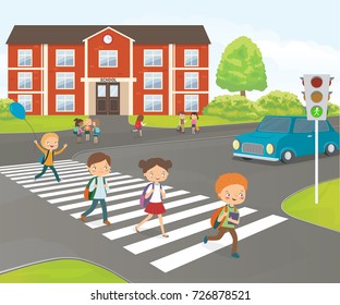 School children cross road on pedestrian crossing, near school building. Cartoon vector illustration