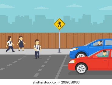 School children crossing the road on dashed pedestrian crossing marking. Cars stops at yellow traffic or road sign. Flat vector illustration template.