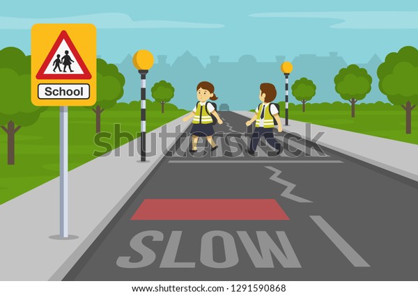 School children\
crossing road on crosswalk. Zebra crossing with belisha beacons.\
Flat vector\
illustration.