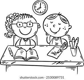 School children at desk doing homework together. Cartoon two kids communication and common activity, outline clipart