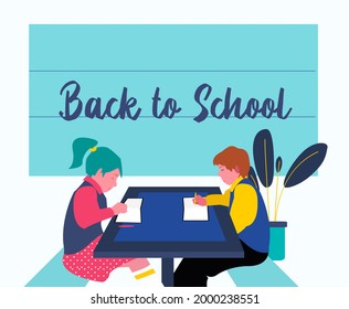 School children dong their homework. Students students sit at the table and write in a notebook. Back to school. Editable vector illustration