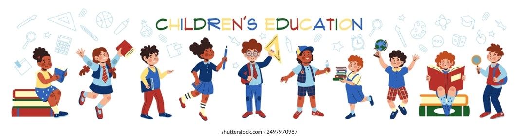 School children education. Students study. Girls draw and read books. Happy play. Boys learn lessons. Elementary classes. Cute uniform. Stationery and textbook stacks. Vector kid tidy classroom banner