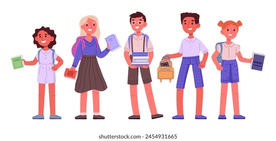 School children. Elementary school students with school books and backpacks, happy students flat vector illustration set. Classmates standing together