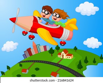 School Children Enjoying airplane pencil