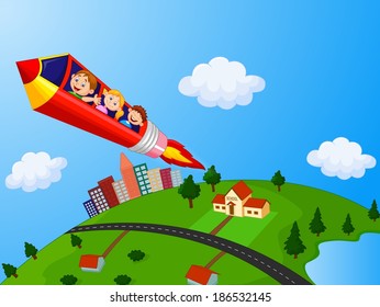 School Children Enjoying Pencil Rocket Ride