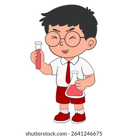 School children experimenting with chemistry lesson potions cartoon illustration