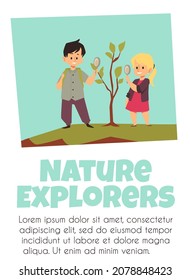 School children explore tree leaves through magnifying glass on nature expedition in recreation park. Banner with curious boy, girl in flat vector illustration isolated on blue background with text