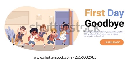 School children first day back to classroom cheerful diverse kids with backpacks entering school open door indoor setting educational concept website banner