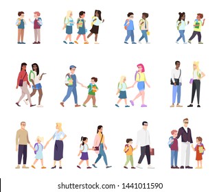 School children flat vector illustrations set. Multiracial and multicultural classmates cartoon characters isolated on white. Parents with schoolboys and schoolgirls. Schoolmates, school friends