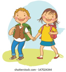 School children going together to School. Back to School isolated objects on white background. Great illustration for a school books and more. VECTOR.