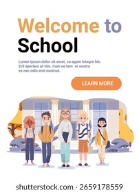 School children group back to school concept diverse students standing together in front of building autumn background website banner