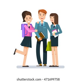 School children group with books in their hands or student posing isolated in white. Vector illustration