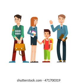 School children group with books in their hands or student posing isolated in white. Vector illustration