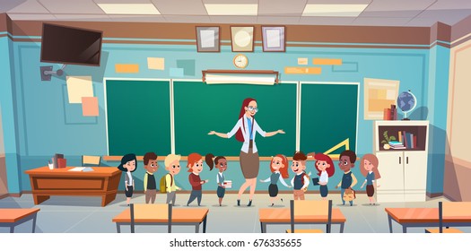 School Children Group With Teacher In Classroom Over Green Board Flat Vector Illustration