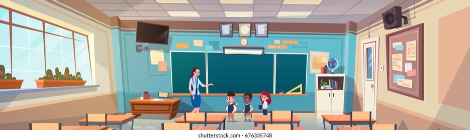 School Children Group With Teacher In Classroom Over Green Board Flat Vector Illustration