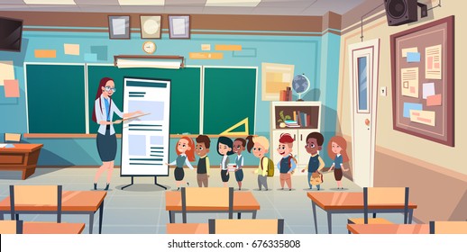 School Children Group With Teacher In Classroom Studying Flat Vector Illustration