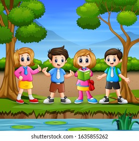 School children hanging out in nature