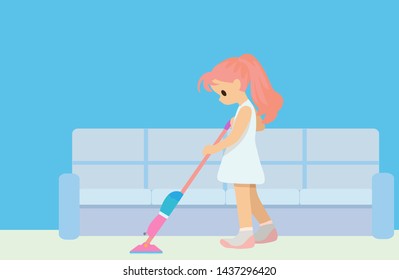 School children help to clean the house with a cleaning broom.