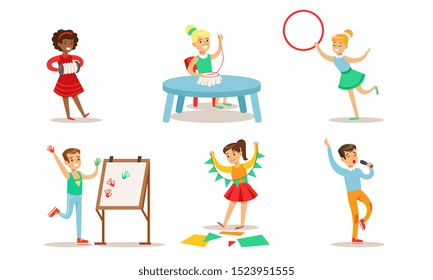 School Children Hobbies Set, Teenagers Boys and Girls Embroidering, Doing Gymnastics, Playing Music, Singing, Painting Vector Illustration