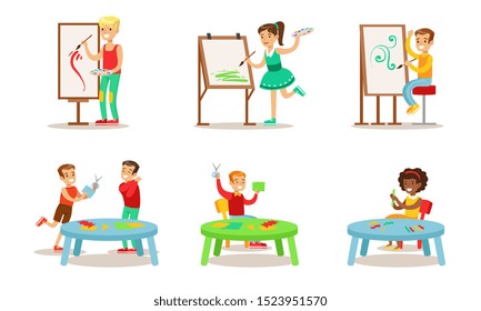 School Children Hobbies Set, Teenagers Boys and Girls Painting, Making Application Vector Illustration