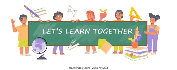 School children hold chalkboard with Learn together slogan, vector illustration isolated on white. Back to school and educational courses promo banner design with kids characters.