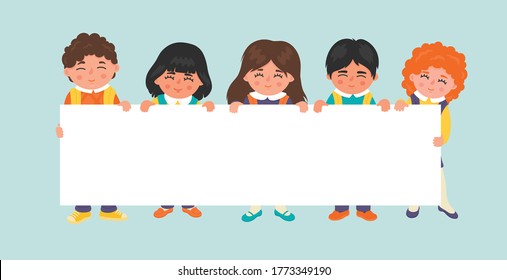 Escolares con pancartas vacías. Niños con pizarra blanca. Educación, enseñanza, estudio, ilustración del vector escolar con lugar para tu texto. 