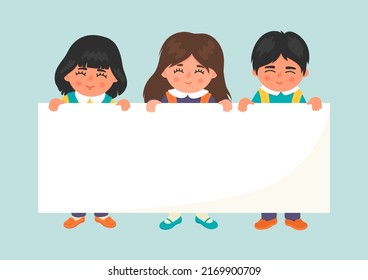 School children holding empty banner. Kids with white board. Education, teaching, studying, school vector illustration with place for your text. 