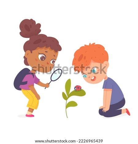 School children holding magnifying glass to watch ladybug on green plant in yard, garden or summer park vector illustration. Cartoon isolated curious boy and girl explore nature and study biology