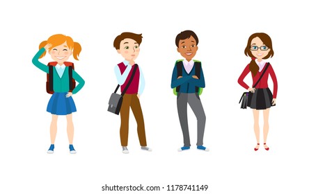 School children icon set. Set of vector illustrations on white background. Students, friends, teenagers. School concept. Vector illustration can be used for topics like education, childhood, fashion