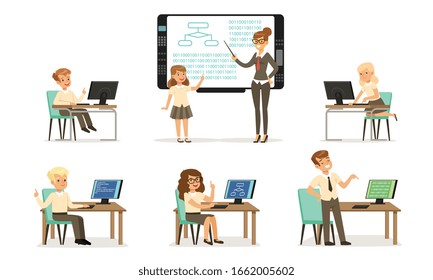 School Children at Informatics or Programming Lesson Collection, Students Working on Computers, Female Teacher Standing Beside Chalkboard and Explaining Lesson Vector Illustration