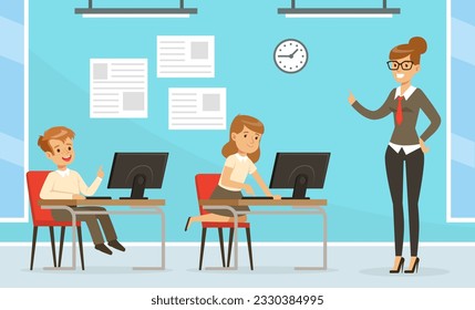 School Children at Informatics or Programming Lesson with Teacher Vector Illustration