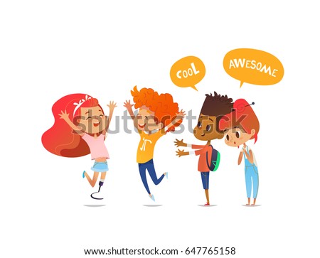 School children joyfully greet their friend with leg prosthesis. Amputee girl is glad to meet her classmates. Concept of happy meeting and true friendship. Vector illustration for poster, website.