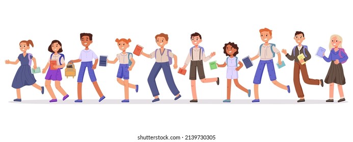 School children, kid students going to school with books and backpacks. Boys and girls going to elementary or middle school. Kindergarten pupils vector illustration set