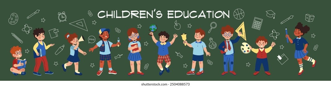 School children. Kids education. Cartoon happy boys and girls. Students play and study. Blackboard drawing. Cute characters fun. Schoolchildren group with books and stationery. Vector tidy background