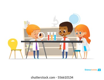 School children in lab clothing and safety glasses conduct scientific experiment with chemicals in chemistry laboratory. Educational science activities for kids. Vector illustration for website, ad.