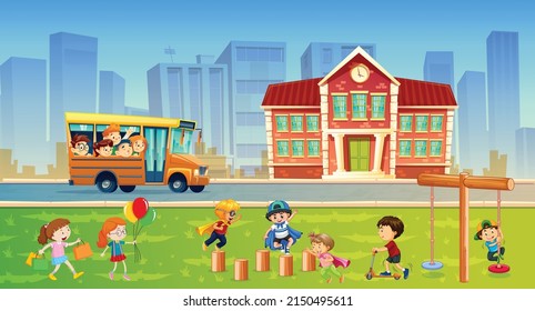 School Children landscape Cartoon, Vector 