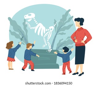 School children looking at exhibited remnants of dinosaurs. History museum with prehistoric creatures and extinct dwellers. Exhibition for students and preschoolers, education vector in flat style