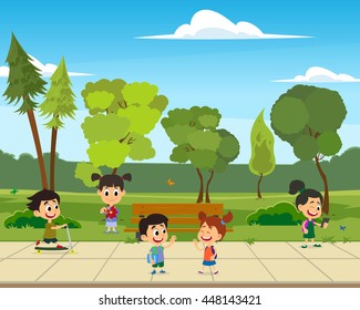 school children meet and go to school together. vector