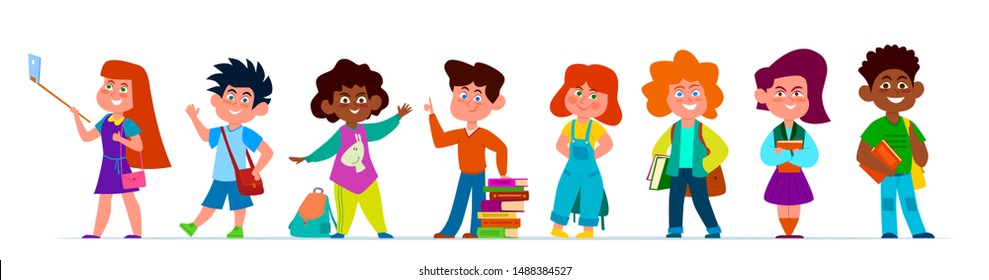School children. Multiethnic boys and girls in casual clothes. Kids with backpacks and books in school time, vector cartoon creative chirlden education pupil characters