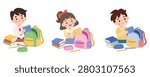 School children packing books into backpacks. Cute educational illustration set showing daily school preparation activities