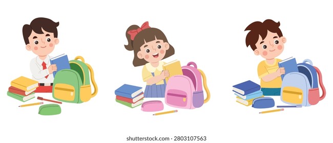 School children packing books into backpacks. Cute educational illustration set showing daily school preparation activities