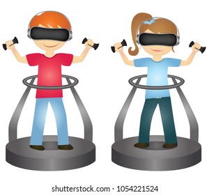 School children playing virtual reality game on controller platforms