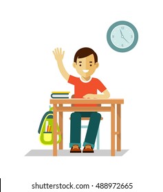 School Children Pupil. Student Boy Sit At Desk In Classroom In Flat Style Isolated On White Background.