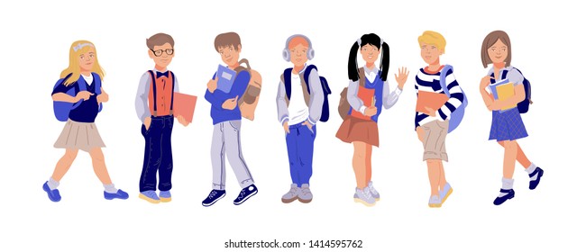 School  children or pupils in the school uniform going to school flat vector illustration isolated on white background. Back to school autumn season concept for educational projects. 