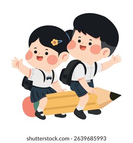 School Children Riding a Pencil cartoon